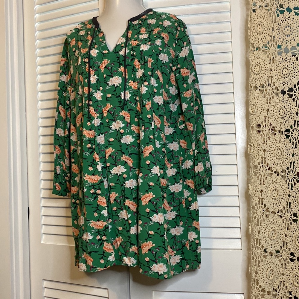 V neck tassel pleated bust tunic dress floral L / XL